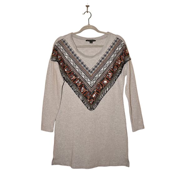 BOSTON PROPER $139 Gray Embellished Sequin Fringe Tunic Shift Dress Boho Small - Picture 1 of 4